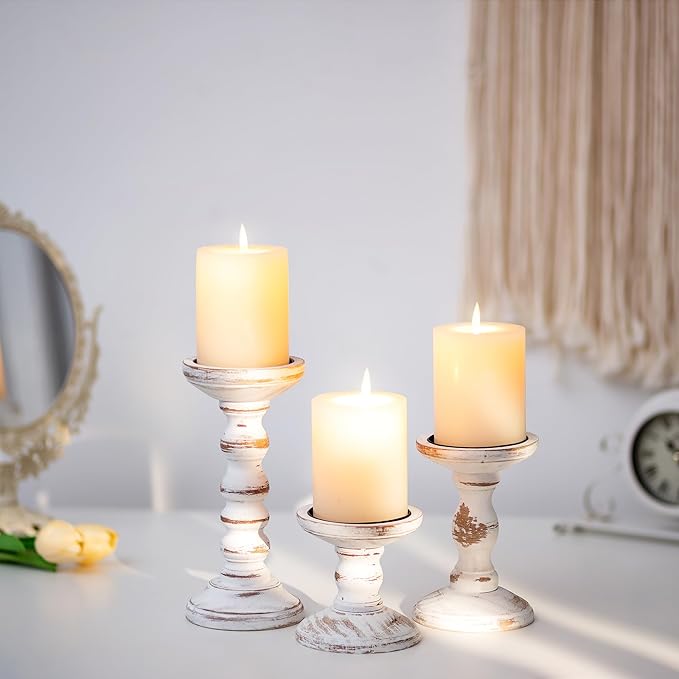 Romadedi Wood Candle Holders for Pillar Candles - Set of 3 Tall Farmhouse Wooden Candlestick Holder, Rustic Candle Stand for Fireplace Mantle Shelf Table Home Decor, Brown Whitewashed 3.9"/6"/ 8.3"