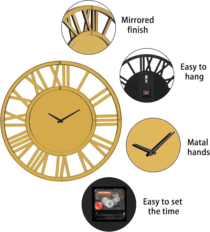 SHYFOY 18" Mirrored Wall Clock, Decorative Wall Clock with Roman Numerals, Living Room Wall Clocks, Kitchen Office Home Decor Battery Powered