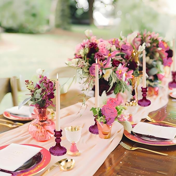 Glass Candlestick Holder,Striped Taper Candle Holders,Set of 6 Candle Stand for Table Centerpieces, Home Decor,Weddings,Festival and Parties (GCH002-Purple Dimond)