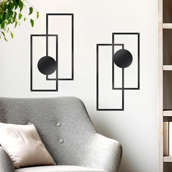 OYEFLY 2 Pcs Metal Abstract Wall Art,Modern Geometric Decor (Black, style 3)