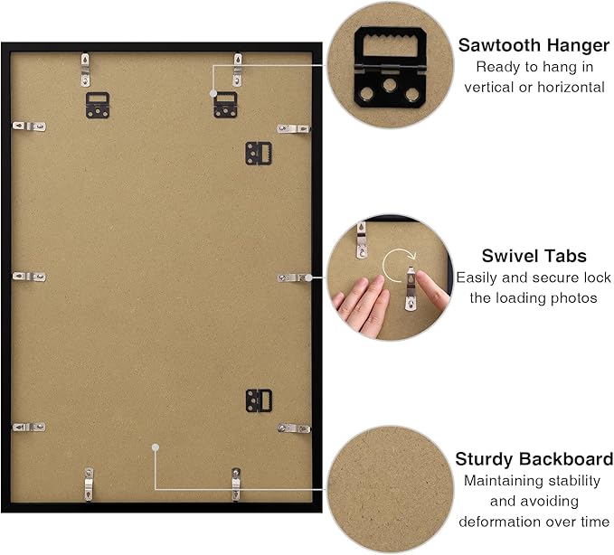 Vittanly 16x24 Picture Frames Set of 9, Shatter Resistant Plexiglass, Display 12x18 Pictures with Mat or 16x24 without Mat, Photo Frames for Wall or Tabletop, PVC Frame, Black