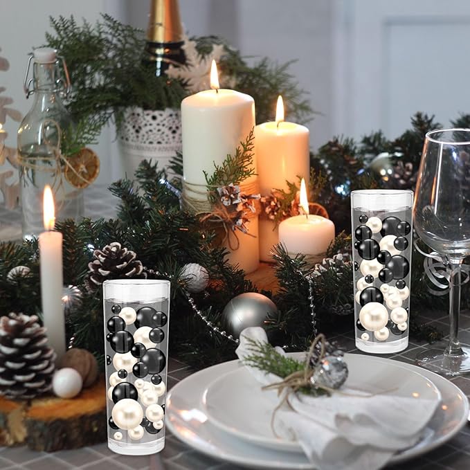 100PCS Black White Faux Pearls Beads for Centerpiece Vases, Vase Filler Faux Pearls, No Holes Filler Beads for Party Anniversary Birthday Wedding Table Decor, 14/20/30mm