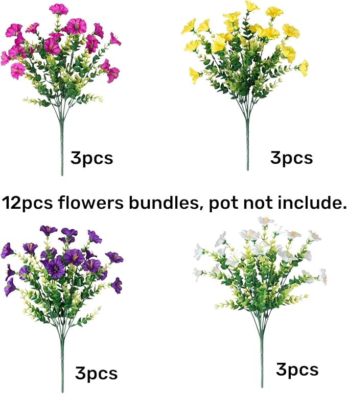 HyeFlora Artificial Flowers for Outdoors Fake Plants Outside Decoration, 12 Bundles Silk Colorful Morning Glory with Eucalyptus UV Resistant Realistic Faux Flowers for Planter Front Door Garden Yard