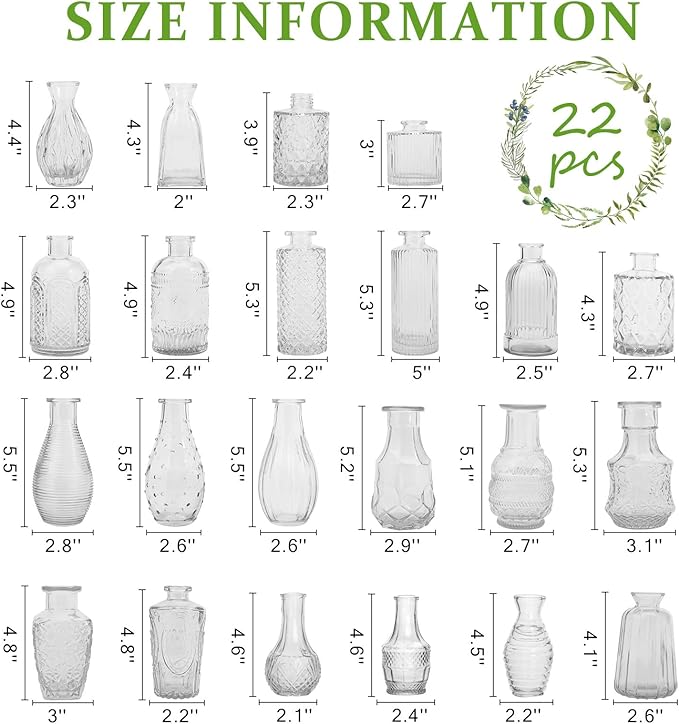 22 Pack Bud Vase in Bulk - BEAHOT Clear Flower Vases for Wedding Decorations, Glass Vase for Centerpiece Table Decorations, Small Boho Vase for Home, Wedding Decor, Mother's Day, Party, Office