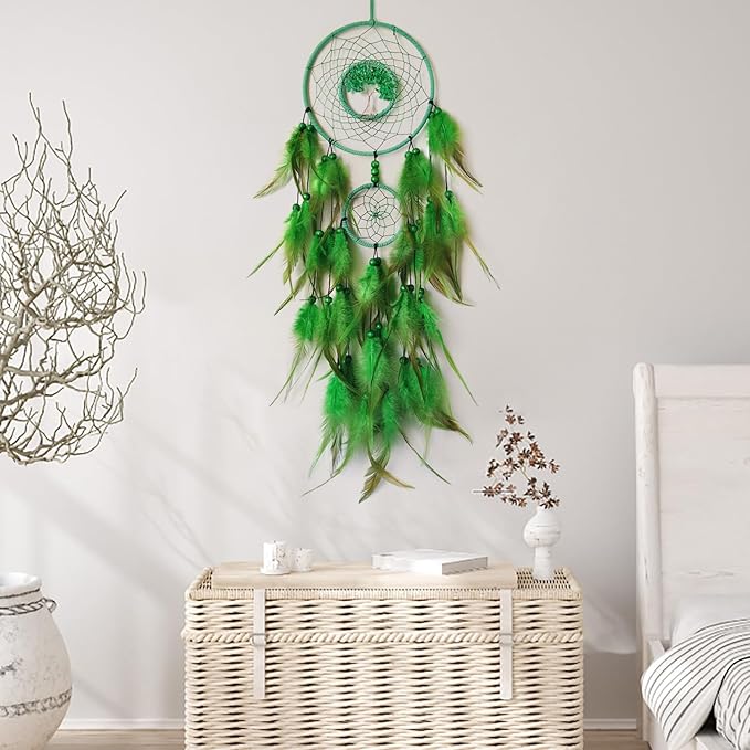 Green Dream Catcher Wall Decor Crystal Tree of Life Dream Catchers Handmade Feather Dreamcatcher Wall Hanging Ornament for Bedroom Living Room Home Decor