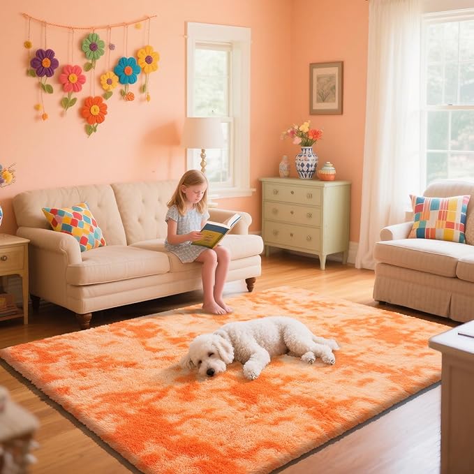 Mottling Orange Fluffy Rug Shaggy Area Rug, 5x8 Area Rugs for Girls Bedroom, Soft Cute Baby Play Mat, Indoor Floor Carpet for Teen, Nursery, Preppy Dorm, Plush Aesthetic Bedside Rug