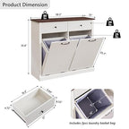 Modern Double Tilt-Out Trash Cabinet, 20 Gallon Fluted Laundry Hamper Cabinet w/2 Drawers, Wooden Hidden Garbage Can Cabinets with Storage Basket,Free Standing for Kitchen & Living Room, White