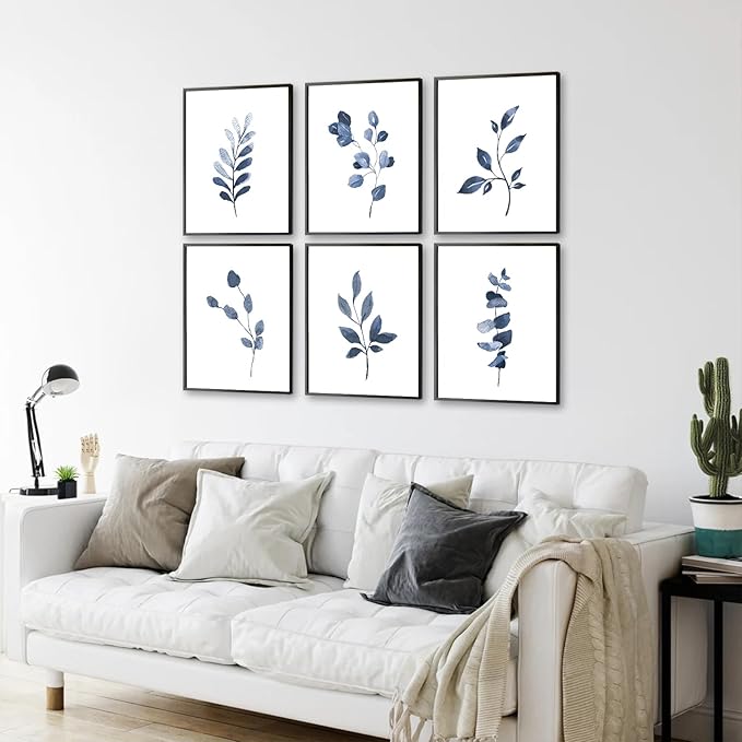 Navy Blue Botanical Art Set of 6, Minimalist Abstract Prints Watercolor Blue White Leaf Plant Wall Decor Canvas Painting, Boho Floral Wall Decor for Bedroom, Living