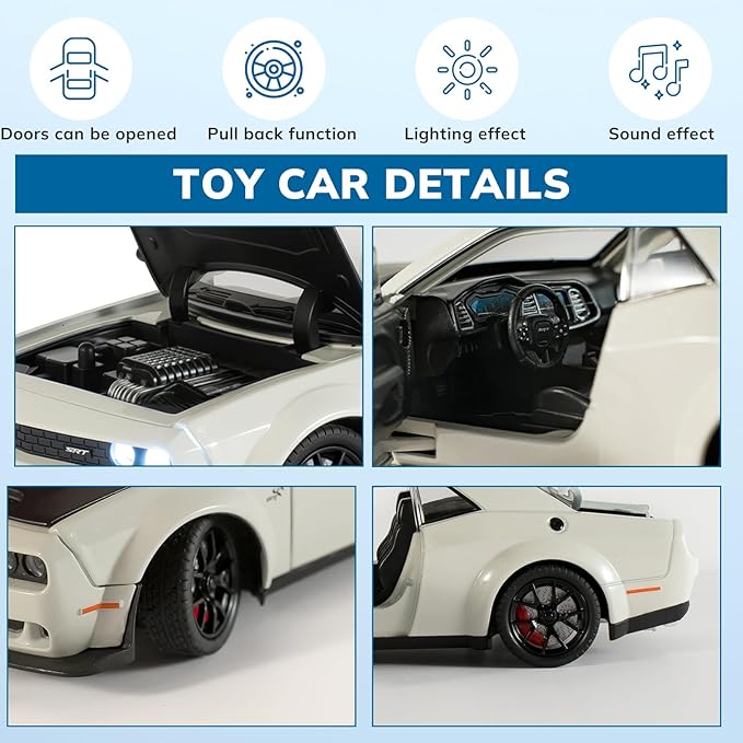 Car Toys for Boys 1/24 Diecast Cars Hellcat SRT Collectibles Model Kit,Pull Back Metal Toy Car with Lights and Sounds,Toy Cars for Boys Age 4-7（White）