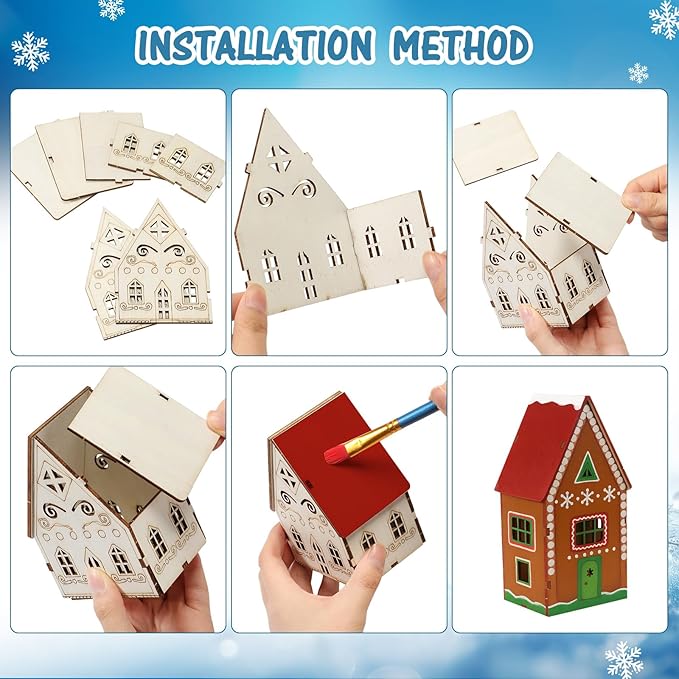 Hiboom 12 Pcs DIY Christmas Village Sets Wood Villa Houses Christmas Mini Wooden House Gift for Winter Xmas Party Decorations