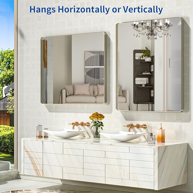 WEER 36X30 Inch Brushed Nickel Bathroom Mirror, Brushed Silver Metal Frame Mirror, Rounded Rectangle Silver Bathroom Vanity Mirror, Tempered Glass, Anti-Rust, Hangs Horizontally or Vertically