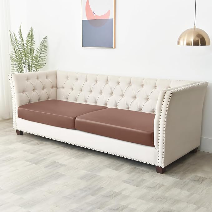 Yates Home PU Leather Couch Sofa Cushion Slipcover Water-Proof Elastic Chair RV Seat Covers Loveseat Slip Cover for Seater Replacement in Living Room（2 Piece Large Sofa Cushion Covers,Light Brown