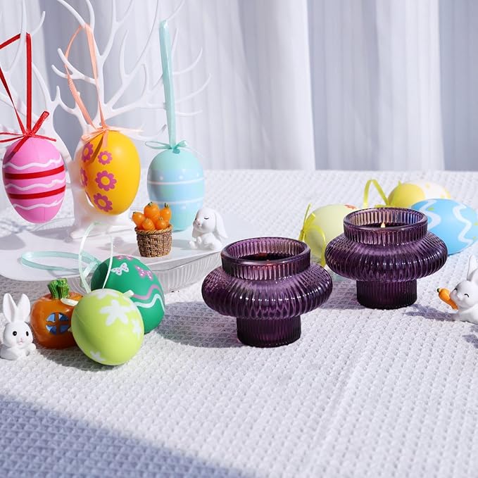 VOHO Purple Taper Candle Holders Ribbed Glass Gifts, 6 A Pack Candlestick Holders for Table Centerpiece Christmas/Halloween Decorations, Versatile Candle Holders for Candlesticks or Tea Lights Candles