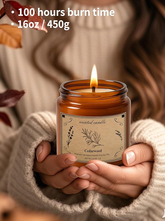 Candles for Home Scented, 16oz Large Jar Scented Candle – Cedarwood Soy Wax Candle with 100 Hour Burn Time, Long Lasting Aromatherapy Candle for Cozy Home Fragrance, Relaxation & Decorative Gift