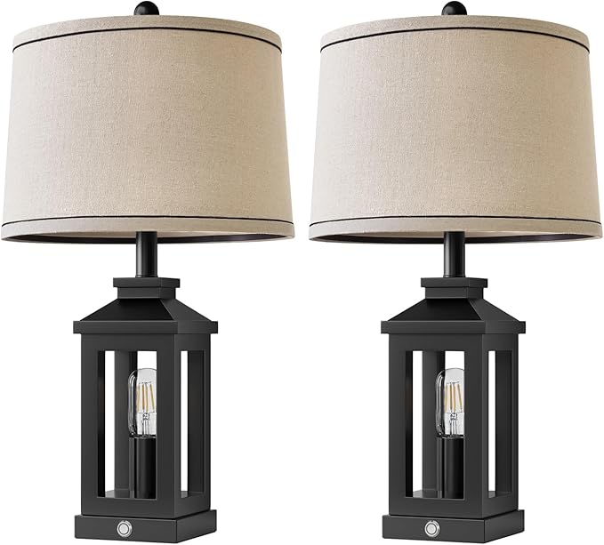 BOBOMOMO 23.75" Farmhouse Black Table Lamps Set of 2– Rustic Bedside Lamps with 3 Way Dimmable Touch Control Night Light & USB A+C Ports, Modern Lamp for Bedroom, Living Room, Entryway