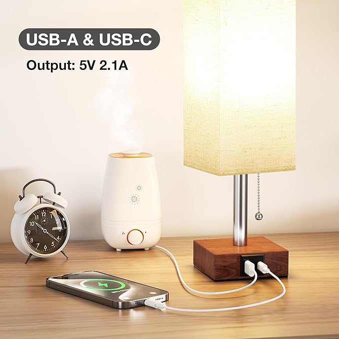 aooshine Red Brown Small Table Lamp for Bedroom - 3 Color Temperature 3000K 5000K 4000K Bedside Lamp, Pull Chain Control, USB A and C Ports, Pure Gold Color Base, Bulb Included