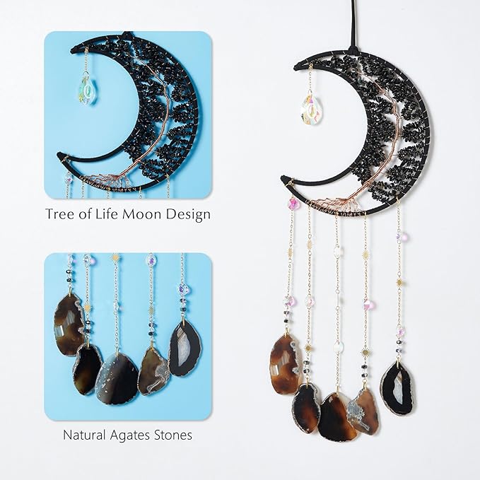 Agate Gemstone Big Dream Catcher 7 Chakra Tree of Life Dream Catcher with Crystal Stones Handmade Dreamcatcher Wall Decor for Adults Boys Girls,Bedroom,Garden,Bless Gift(Large Black Moon)