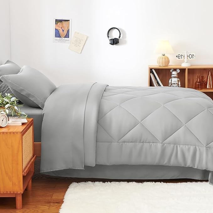 CozyLux Twin Comforter Set with Sheets Light Grey - 5 Pieces Bed in a Bag Twin, All Season Bed Set for Girls and Boys, Bedding Set with Down Alternative Comforter, Sheets, Pillowcase & Sham