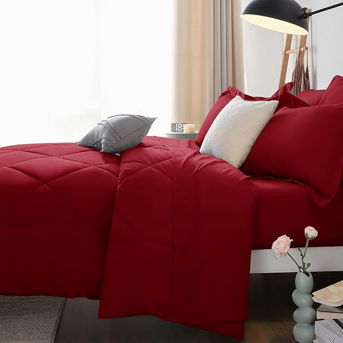 CozyLux Queen Comforter Set Dark Red - Bed in a Bag Queen Size 7 Pieces, Luxury Soft Bed Set for All Seasons, Bedding Set with Down Alternative Comforter, Sheets, Pillowcases & Shams