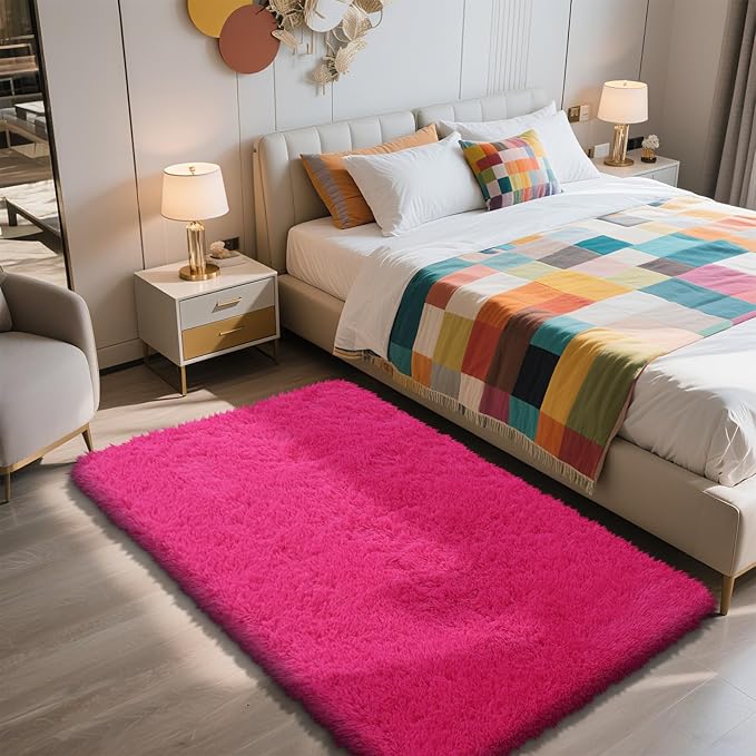 Shag Area Rug for Bedroom 3x5,Fluffy Area Rugs for Living Room,Soft Fuzzy Rug Non-Shedding Indoor Plush Carpet for Kids Bedroom Nursery Dorm Home Decor,Hot Pink