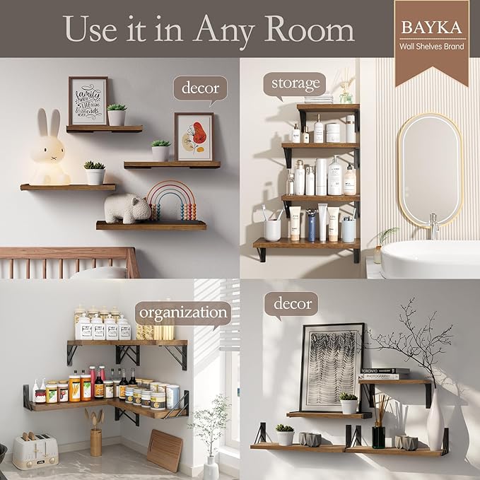 BAYKA Floating Shelves for Wall, Book Shelf for Bedroom, Decor Shelves for Living Room Kitchen, Mounted Wood Floating Shelf for Home Decor, Corner Shelf for Bathroom, Office(Walnut-Toned,Set of 4)