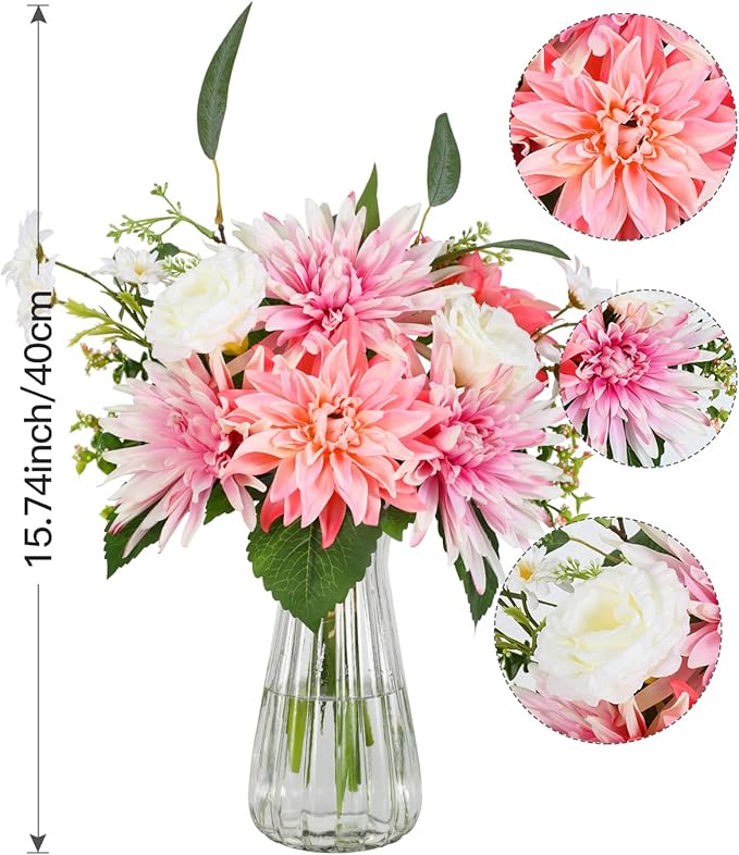 Nubry Fake Artificial Flowers in Vase,Faux Silk Dahlia Flower Bouquet Floral Arrangement Fake Plant Decor for Tables Centerpieces,Home Office Party Wedding Decor(Pink with Vase)
