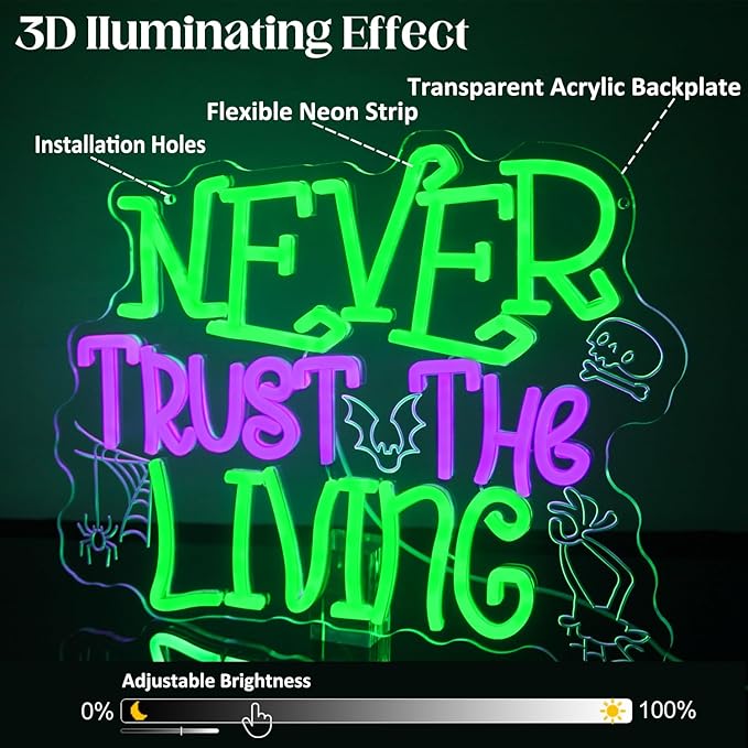 Never Trust The Living Neon Sign Halloween Neon Light Horror Skull LED Sign for Wall Dimmable Spider Web Bat LED Lights Signs for Bar Haunted Mansion Chamber of Secrets Spooky House Decor
