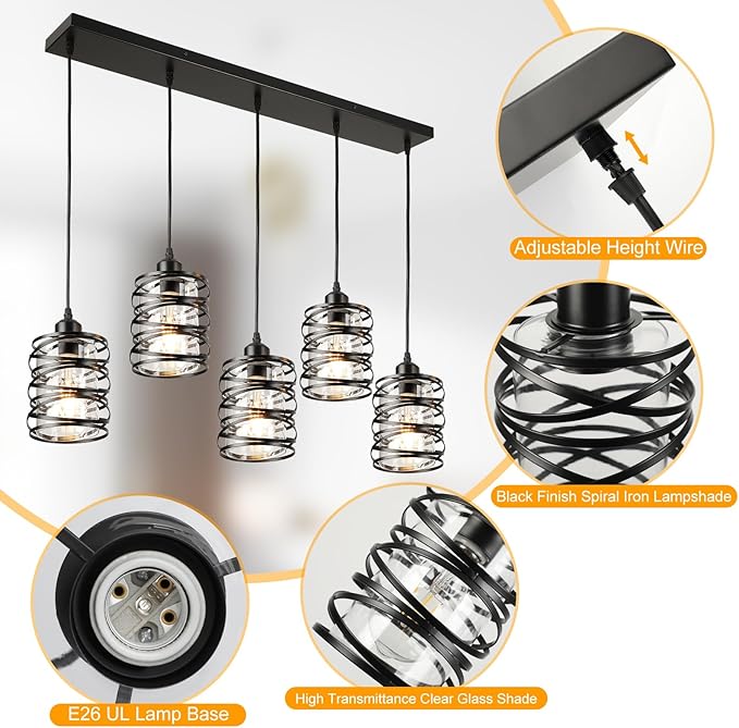 Black Pendant Lights for Kitchen Island Farmhouse Chandeliers for Dining Room, 5-Light Pendant Light Hanging Linear Chandeliers Kitchen Island Lighting with Clear Glass Shades