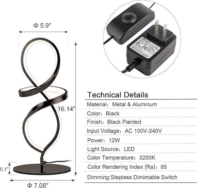Mayful Modern Table Lamp with LED Spiral Design, Bedside Lamp with Stepless Dimming Switch, Contemporary Nightstand & Black Table Lamp for Bedroom, Living Room, Home Office, 12W 3200K Warm White