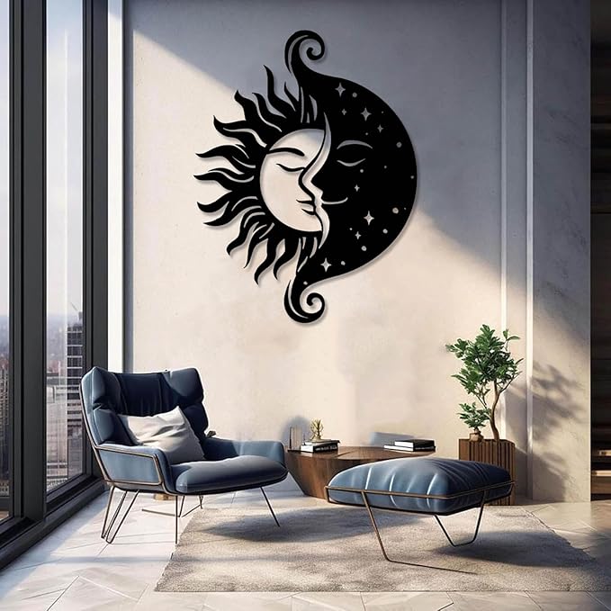Tuglona Sun and Moon Metal Wall Art, Sun Metal Wall Decor, Moon Wall Art, Boho Wall Decor, Celestial Wall Decoration, Modern Celestial Wall Hanging, Bathroom Wall Hanging (White, 35"x27"/90x69cm)