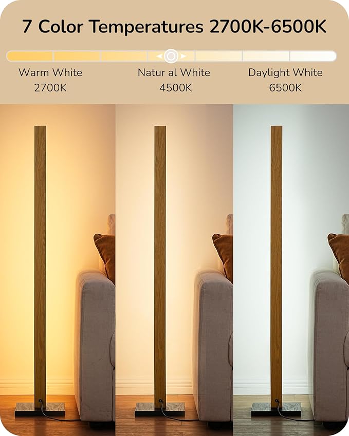 EDISHINE Wood LED Corner Floor Lamp, Modern Dimmable Light with Remote, Minimalist Standing Floor Lamps for Living Room, Bedroom, Office, 7 Color Temperature 2700~6000K, 48.43"