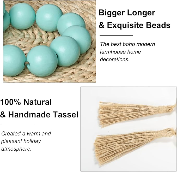 OMISHE 60" Long Extra Large Wood Bead Garland Aqua Teal with 1.6" Diameter Wooden Beads and Tassels, Rustic Farmhouse Country Decorative Beads for Home Decor, Aqua Teal
