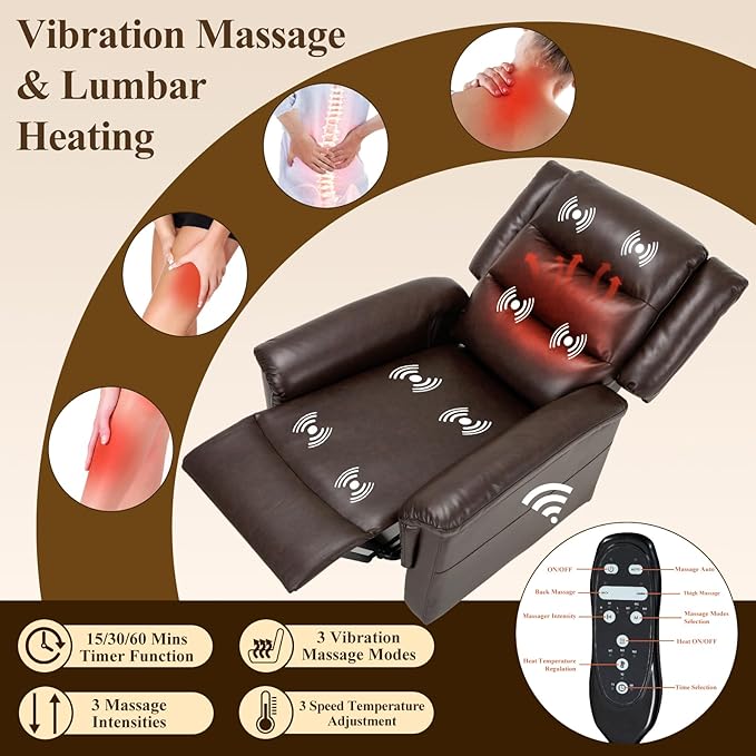 COLAMY PU Leather Power Lift Chair with Massage and Heat,Electric Lift Recliner Chair with Thick Cushioned Padding Backrest for Living Room, Office, Bedroom -Darkbrown