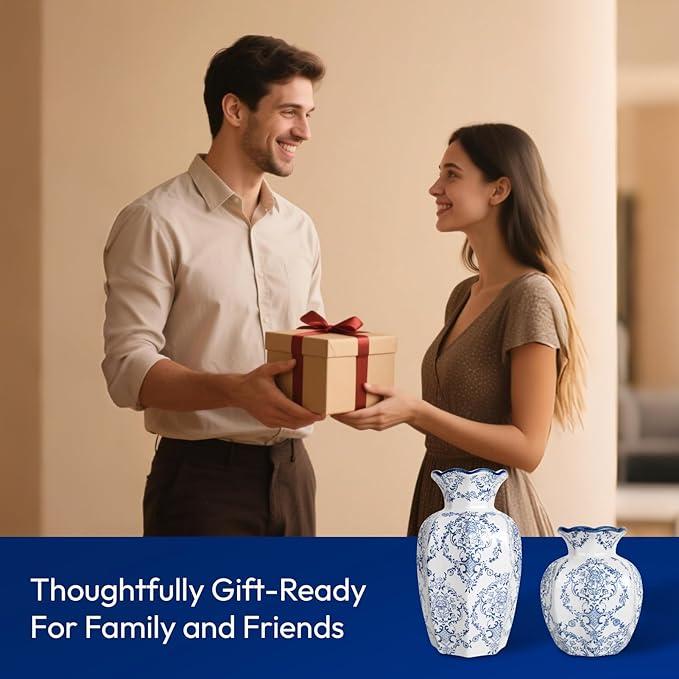 Chinoiserie Vase,6 inch Blue and White Vase,Vintage Ceramic Vases,Flower Vase for Centerpiece,Chinese Cute Vases for Living Room, Office,Home Decor (Blue White, Small)