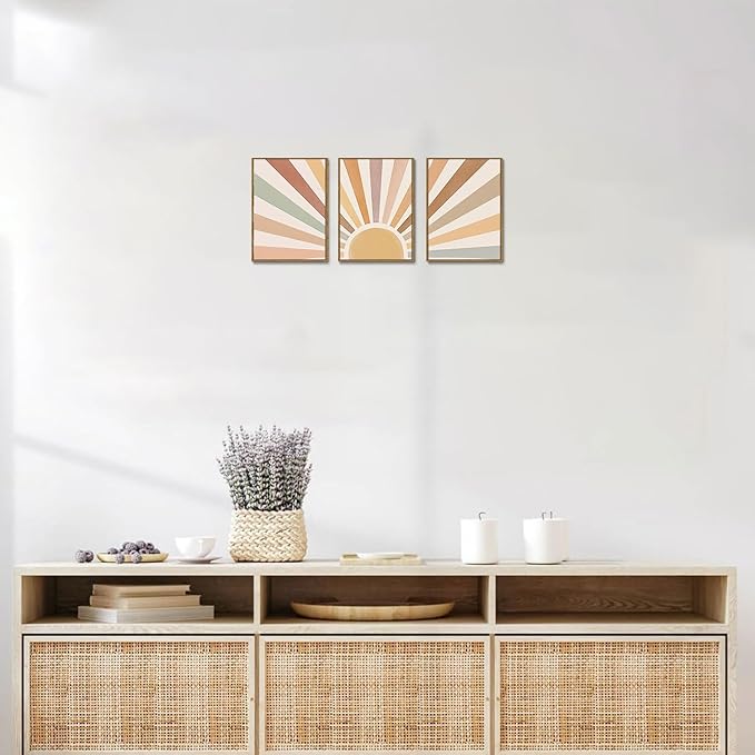 Bwodke Boho Wall Art, Framed Abstract Wall Art, Sun Rising on the Horizon Neutral Canvas Wall Decor, Mid Century Geometric Pictures Set of 3, Minimalist Paintings, for Bedroom Living Room Bathroom 12"x16"