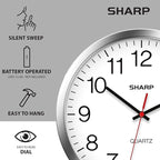 Sharp Wall Clock – Silver/Chrome, Silent Non Ticking 12 Inch Quality Quartz Battery Operated Round Easy to Read Home/Kitchen/Office/Classroom/School Clocks, Sweep Movement
