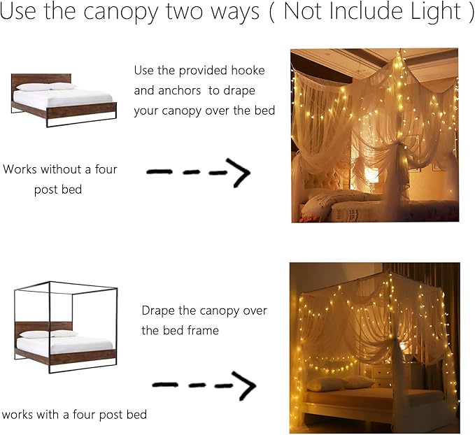 Bed Canopy, Canopy Bed Curtains Bed Drapes for Full Queen King Size Bed Mosquito Net Bed Canopy Curtains for Patio Indoor Outdoor Room Decor Screen Netting Canopy Curtains White