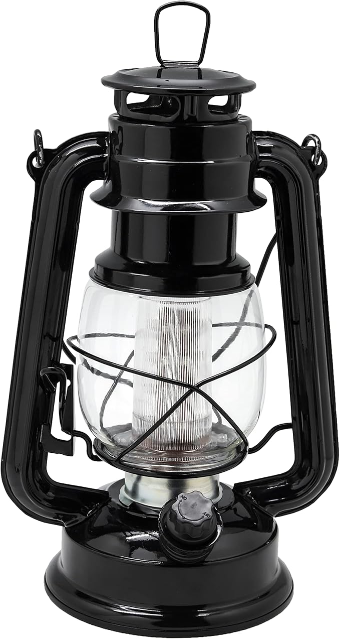 YAKii LED Vintage Lantern Metal Hanging Hurricane Lantern 12 LED Dimmer Switch Cold White Battery Operated Power Outage Indoor Camping Lighting Outdoor Brooklyn Decoration (Black Pack of 8)