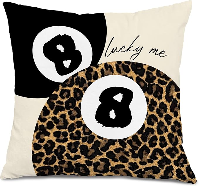 Coquette Pink Bow Leopard Print Lips Lucky 8 Ball Throw Pillow Covers 18x18, Cheetah Room Decor, Funky Y2K Leopard Print Decorative Pillow Covers for Girls Room Dorm Apartment Home