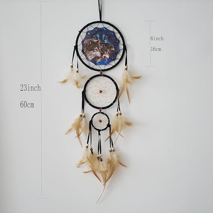 Remorelt Wolf Eagle Bear Dream Catcher Bedroom Wall Decor, Christmas Home Decoration, Room Accessory, White Moon Feather Decoration - Unique Home Craft Wall Pendant (DC03 13inch Set 3 Wolves)