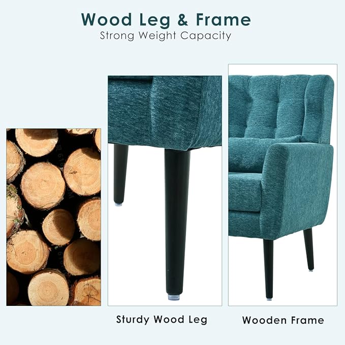 Accent Chair, Comfy Upholstered Living Room Chairs with High Tufted Backrest and Pillow, Wingback Reading Chair with Solid Wood Legs for Bedroom/Office, Chenille Fabric, Teal