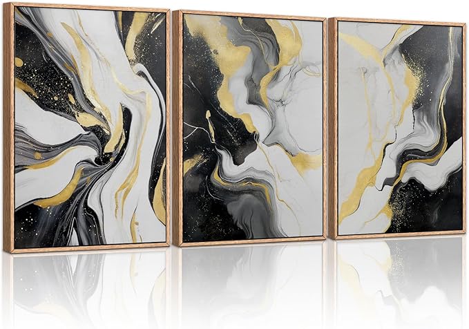 HLNIUC Abstract Gold and Black Framed Canvas Wall Art,Large Neutral Black and White Wall Decor Set of 3(16”x24”)Modern Gold Foil Framed Painting,Textured Marble Fluid Art Print for Living Room,Bedroom