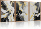 HLNIUC Abstract Gold and Black Framed Canvas Wall Art,Large Neutral Black and White Wall Decor Set of 3(16”x24”)Modern Gold Foil Framed Painting,Textured Marble Fluid Art Print for Living Room,Bedroom