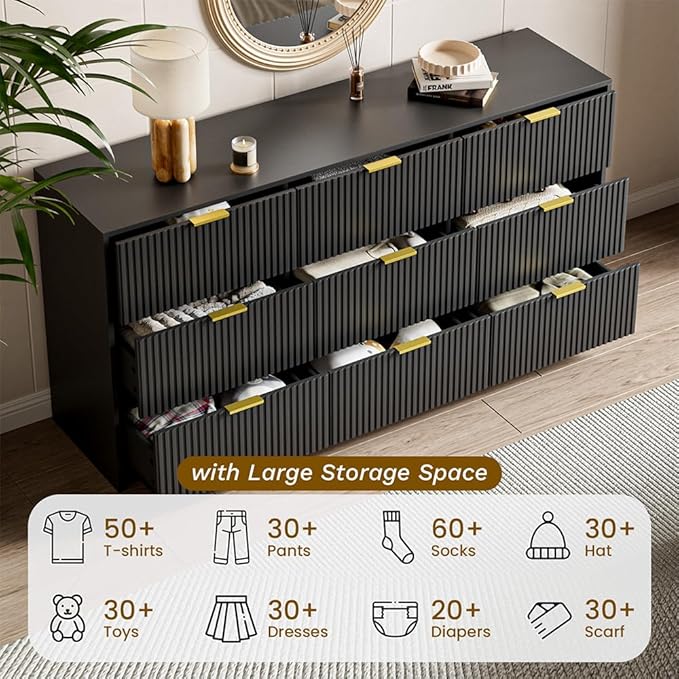 Black Dresser for Bedroom, 9 Drawer Double Dresser, Modern Chest of Drawers for Bedroom, Living Room, Entryway and Closet, 63" L x 15.7" D x 31.5" H
