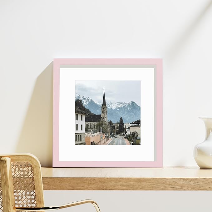 Vittanly 12x12 Picture Frame Set of 9 - Display 8x8 Photos with Mat or 12x12 Without Mat, Wall Mount Frames for Home Decor, Horizontal or Vertical (Pink)