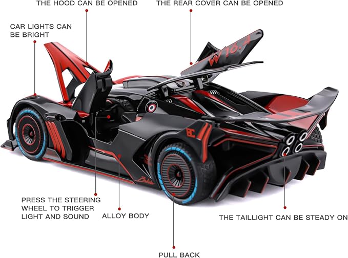 Toy Car Model for Bugatti Compatible with 1:24 Bugatti Bolide Alloy Diecast Car Toy with Lights and Music, Pull Back Car Toys for Kids Boys Girls Gift (Red)