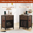 FATORRI End Table with Charging Station, Farmhouse Side Table with Drawer, Rustic Wood and Metal Nightstand and Bedside Tables for Living Room (Rustic Brown)