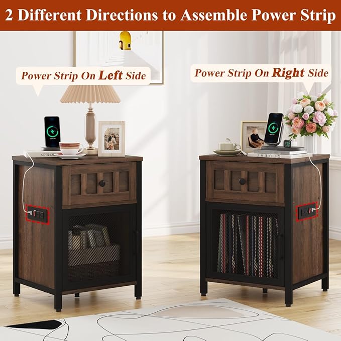 FATORRI End Table with Charging Station, Farmhouse Side Table with Drawer, Rustic Wood and Metal Nightstand and Bedside Tables for Living Room (Rustic Brown)