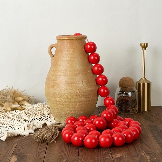 OMISHE 76" Long Large Wood Bead Garland with 1.6" Diameter Wooden Beads and Tassels, Rustic Farmhouse Country Wood Beads Garland for Home Tiered Tray Decor, Decorative Beads with Tassels Red