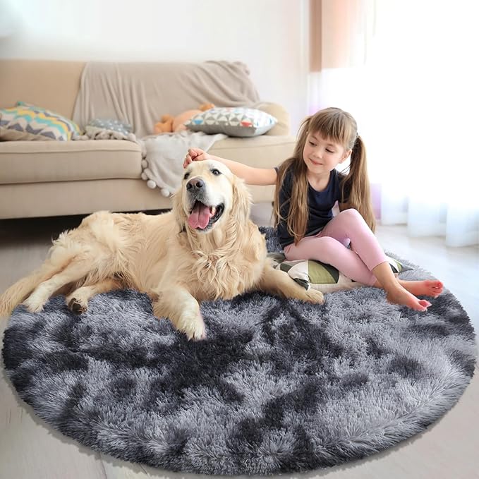 Tie-Dyed Black Fluffy Round Rug,Soft Area Rugs for Girls Room,Shaggy Rugs 6'X6' for Living Room,Non Slip Circle Rug for Kids Bedroom,Shag Plush Nursery Rug,Plush Carpet for Dorm,Cute Furry Room Decor